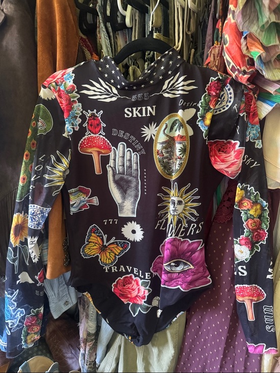 Agua Bendita Tops - Agua Bendita Black Multi-Graphic Long-Sleeve Bodysuit/swimsuit. Sheer sleeves.